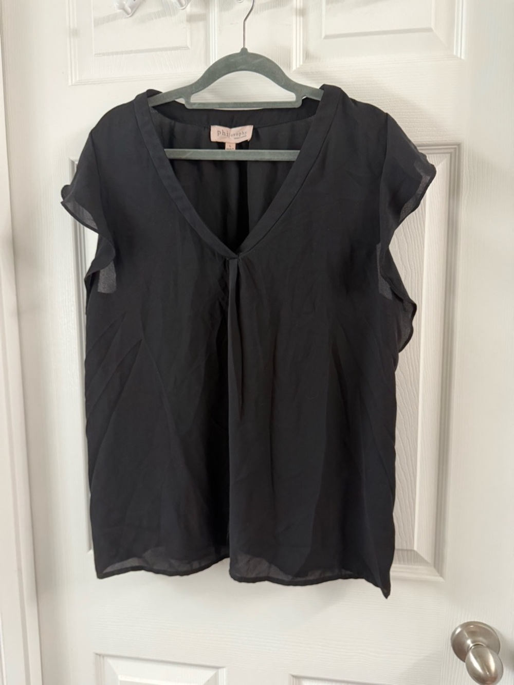 Philosophy Women's Black Pleated V-Neck Flutter Short Sleeve Blouse Size L